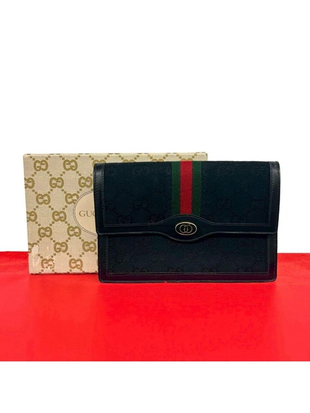 Gucci Vintage GG Logo Sherry Line Canvas Leather Pouch Black